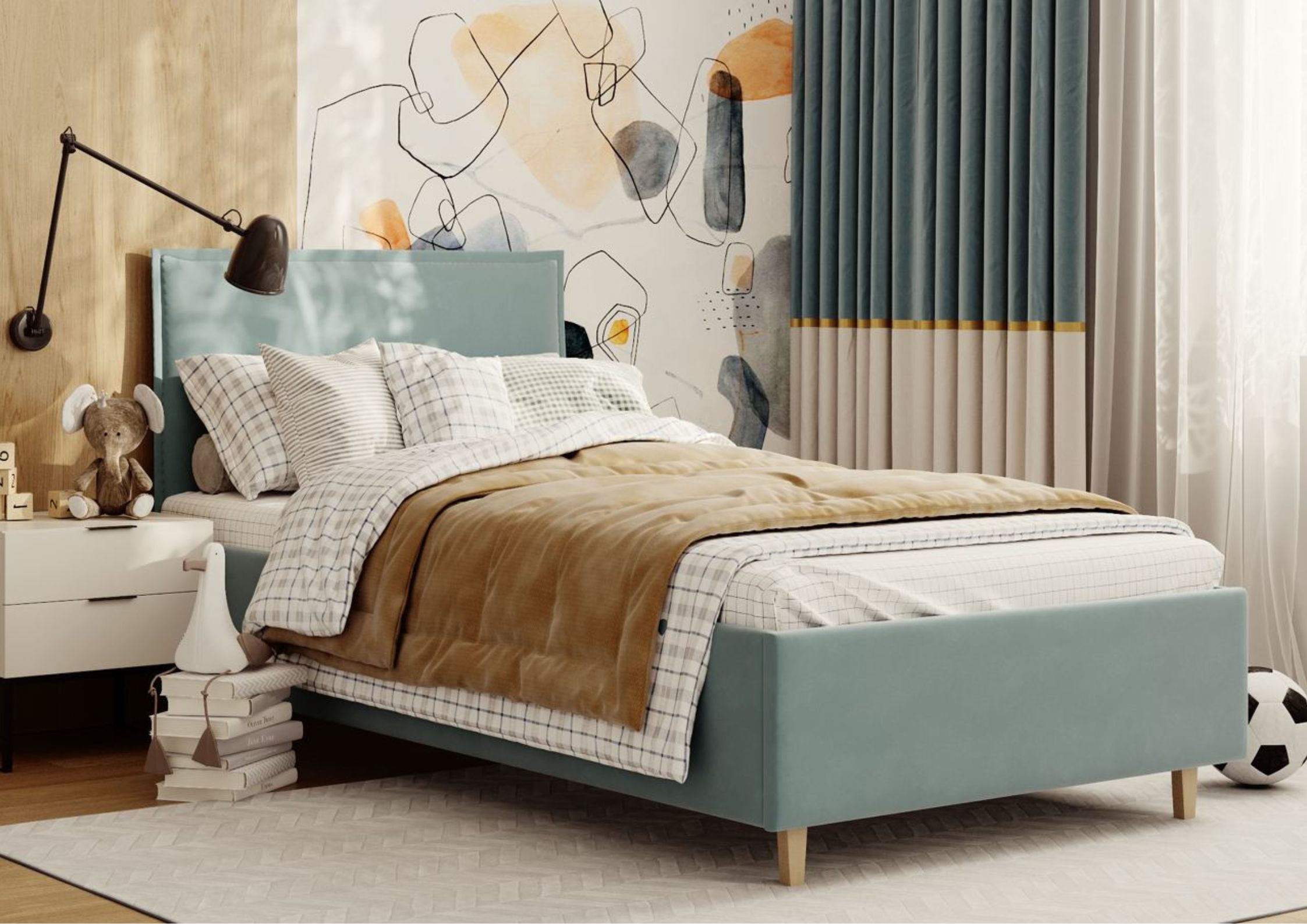 Łóżko do pokoju dziecięcego na drewnianych nogach